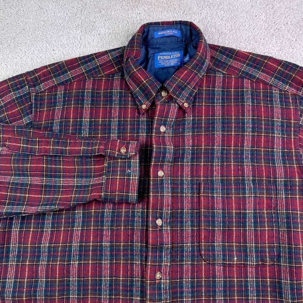 Pendleton Shirt Mens Large Long Red Plaid‎ Wool Fireside Button Down Made in USA